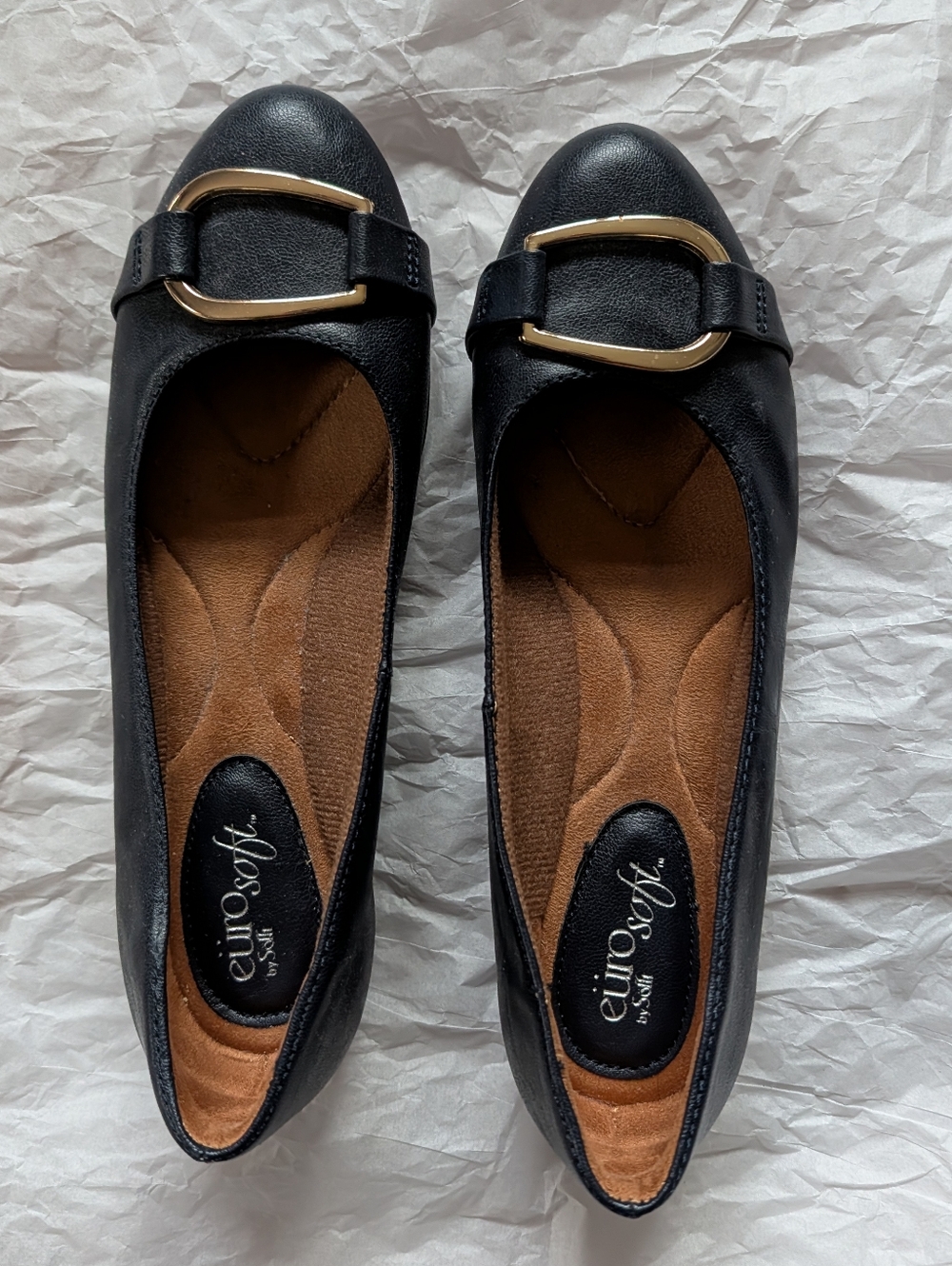EuroSoft Navy Blue Ballet Flats with Gold Buckle Size 6